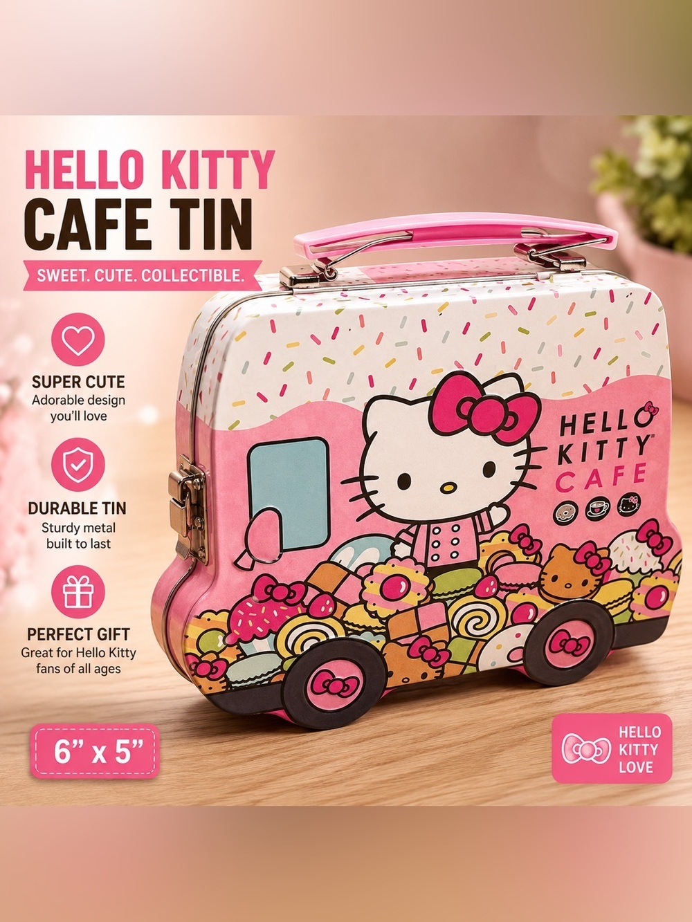 Hello Kitty Pink & White Cafe Tin Lunchbox with Dessert Art lunch box
6”x5”